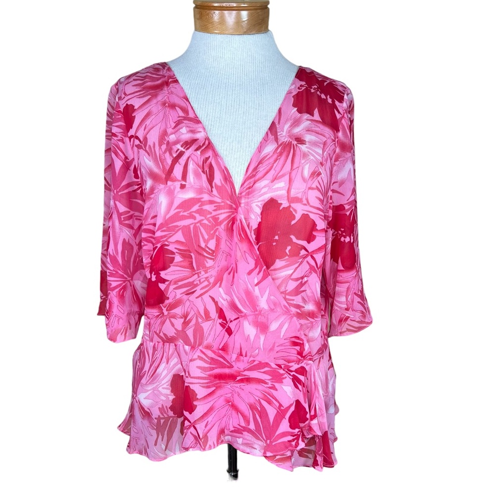 Adriana Papell Silk Pink & Red Floral Print Wrap Jacket Vintage Size 16 NWT
